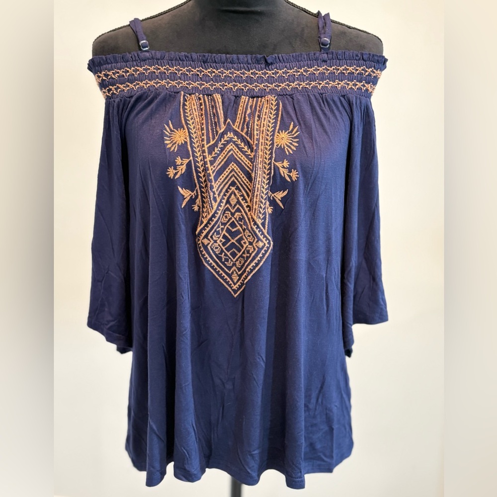 Embroidered Off-Shoulder Navy Blue Top Large